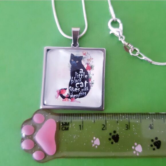 Black Cat Hand Crafted Stainless Steel Charm Stamped Sterling Silver Necklace - Picture 3 of 7